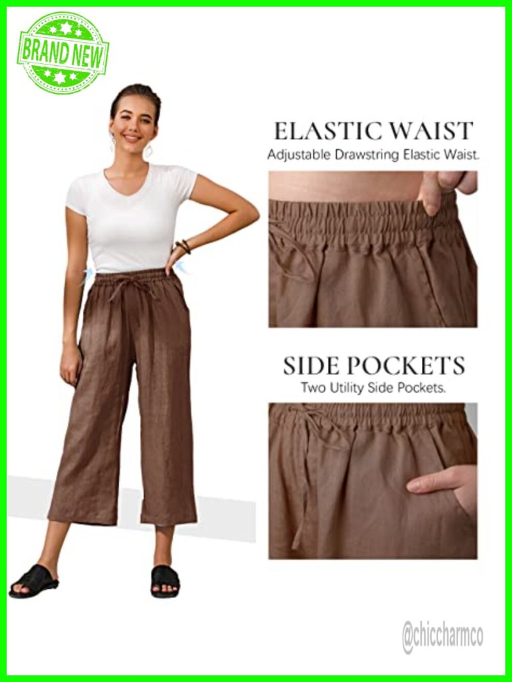 Linen Blend Cropped Wide Leg High Rise Pants Drawstring - Picture 2 of 6